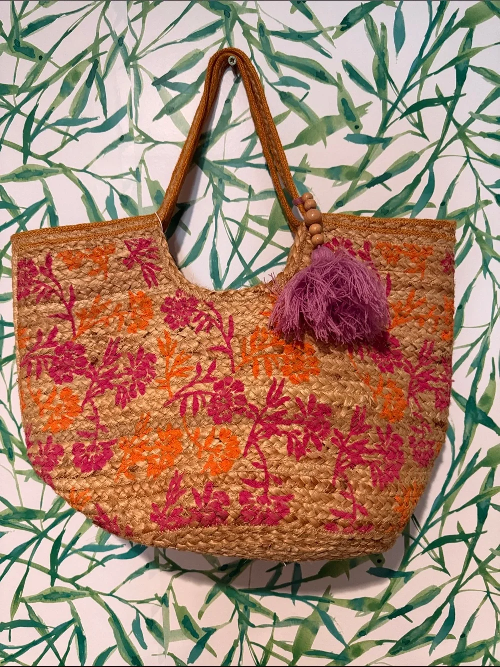 Embroidered Straw Tote with Pink & Orange Floral Accents